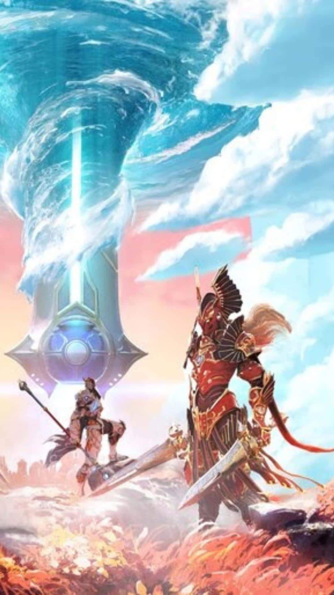 兩名奇幻戰士面對一把從魔法漩渦中升起的巨大發光劍。