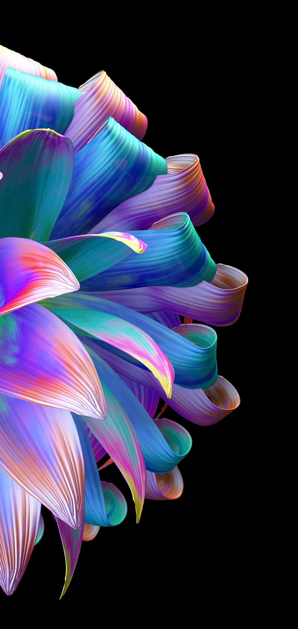 以 Android OLED 背景享受鮮豔色彩與清晰影像 壁紙 — 充滿活力的彩虹色絲帶在純黑色背景上形成動態的抽象爆發漩渦。