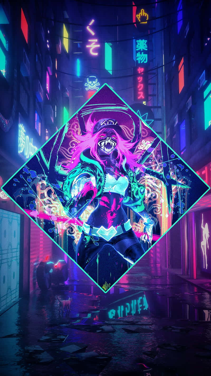 以 Android《英雄聯盟》征服遊戲 壁紙 — 一位擁有粉紅色頭髮和發光武器的兇猛動漫戰士，站在充滿霓虹燈的賽博朋克小巷中。