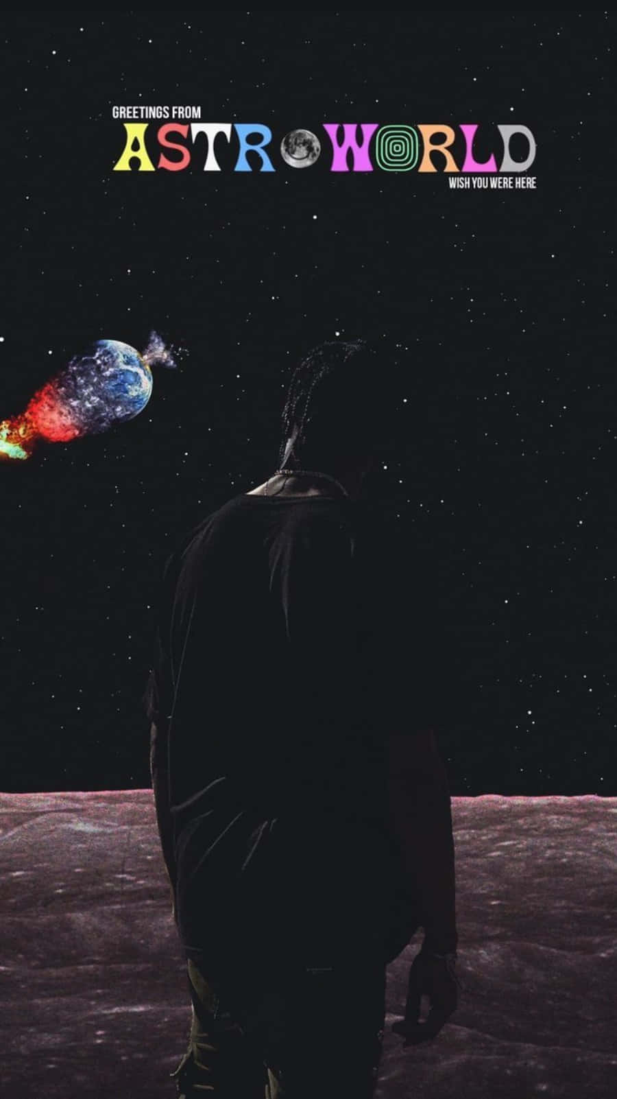 月球上一個人的剪影，觀看太空中一顆色彩繽紛的彗星。