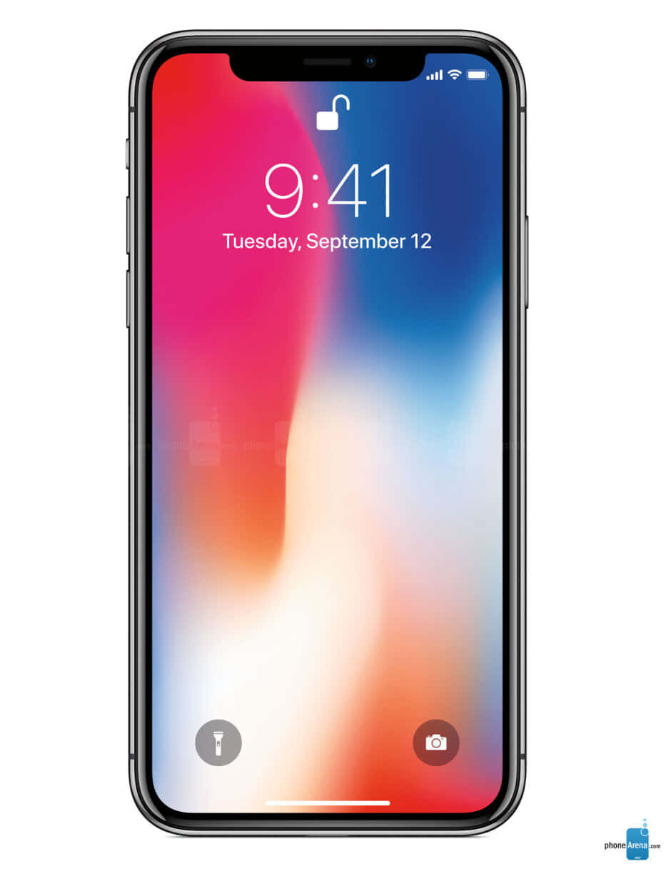 iPhone X 顯示鎖定屏幕，帶有彩色漸變背景和時間/日期。