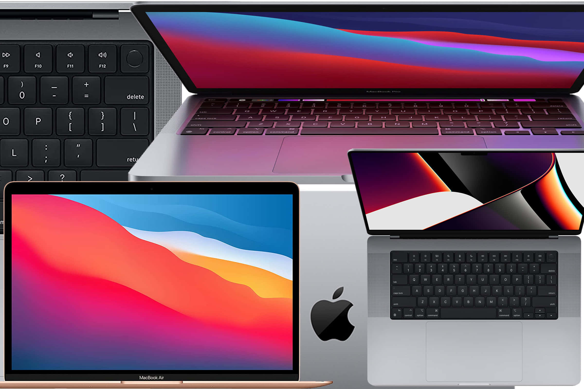 以 Apple MacBook 智慧工作 壁紙 — 四部 Apple 手提電腦展示出充滿活力的抽象桌布，呈現色彩繽紛的流動漸變效果。
