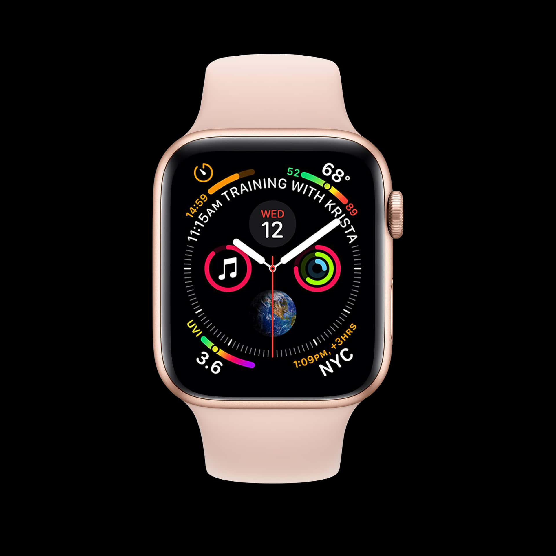 玫瑰金色 Apple Watch 配粉紅色錶帶，在黑色背景上顯示數位錶面