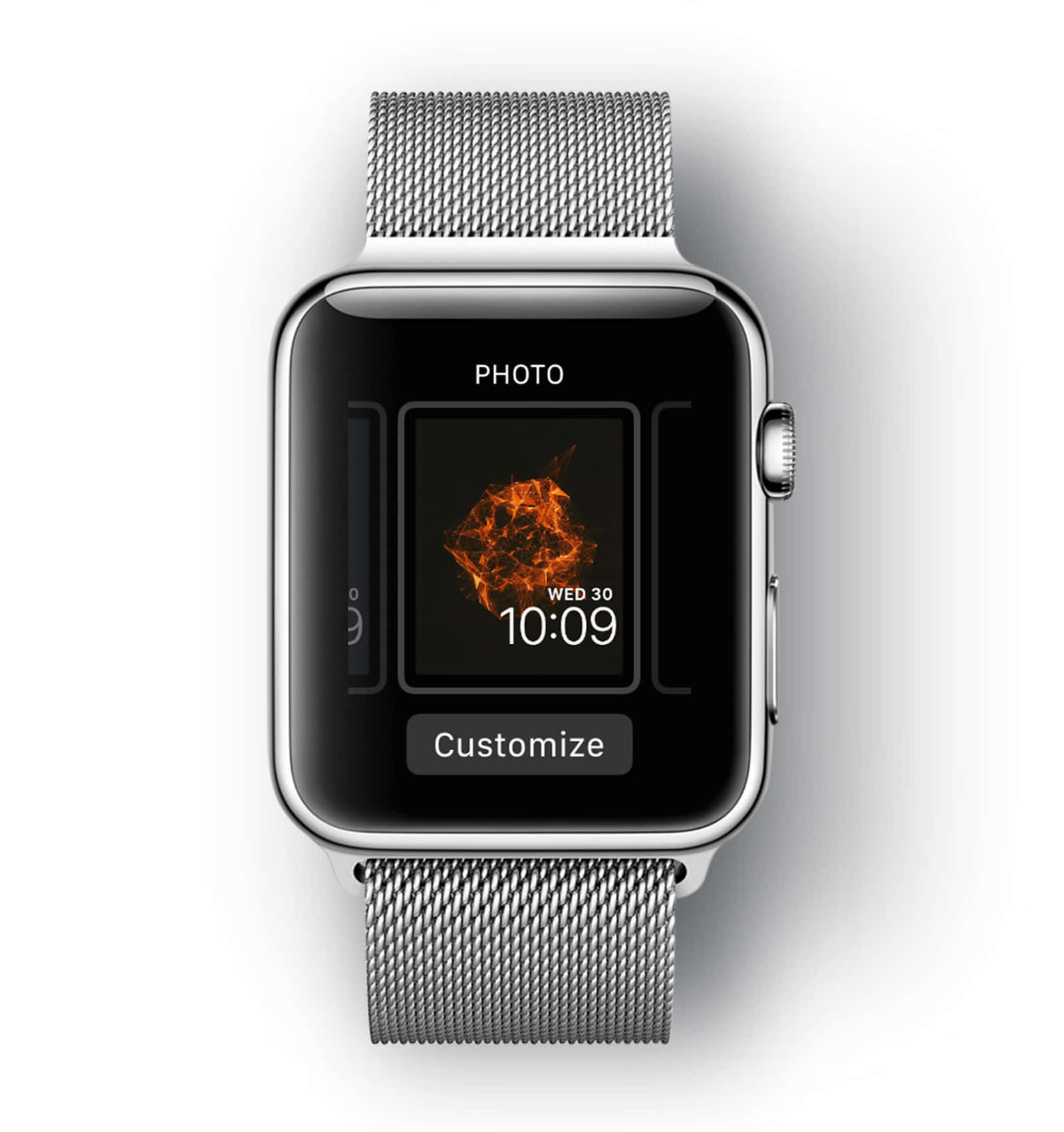 銀色Apple Watch配網狀錶帶，顯示熾熱的抽象錶面。