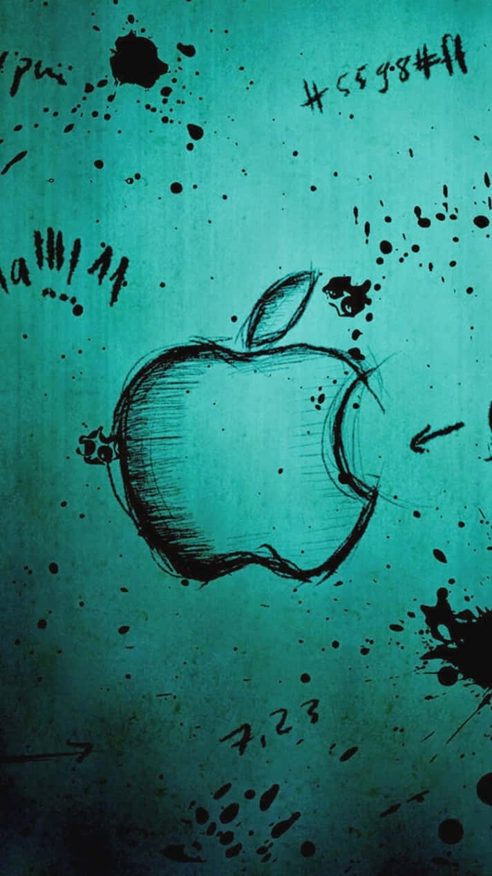 手繪Apple標誌，青綠色背景上有黑色飛濺。