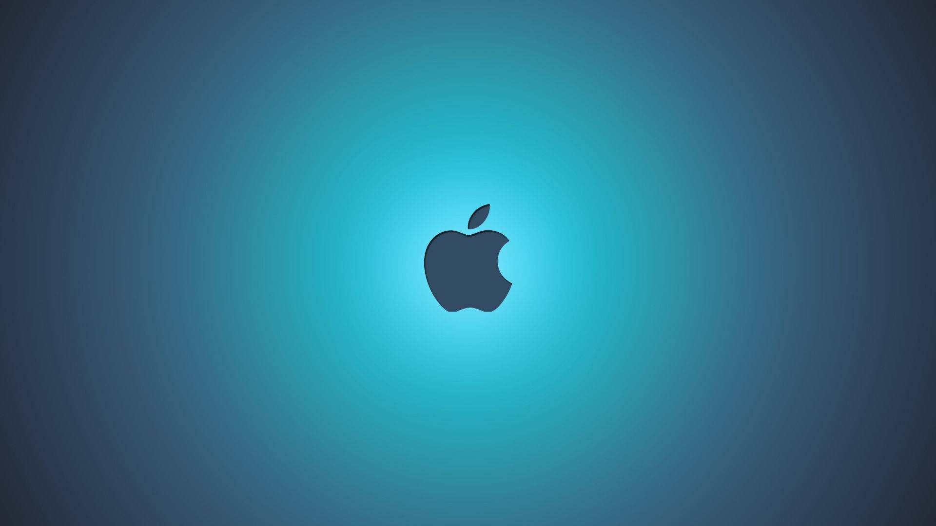 Apple標誌在藍色漸變背景上柔和發光。
