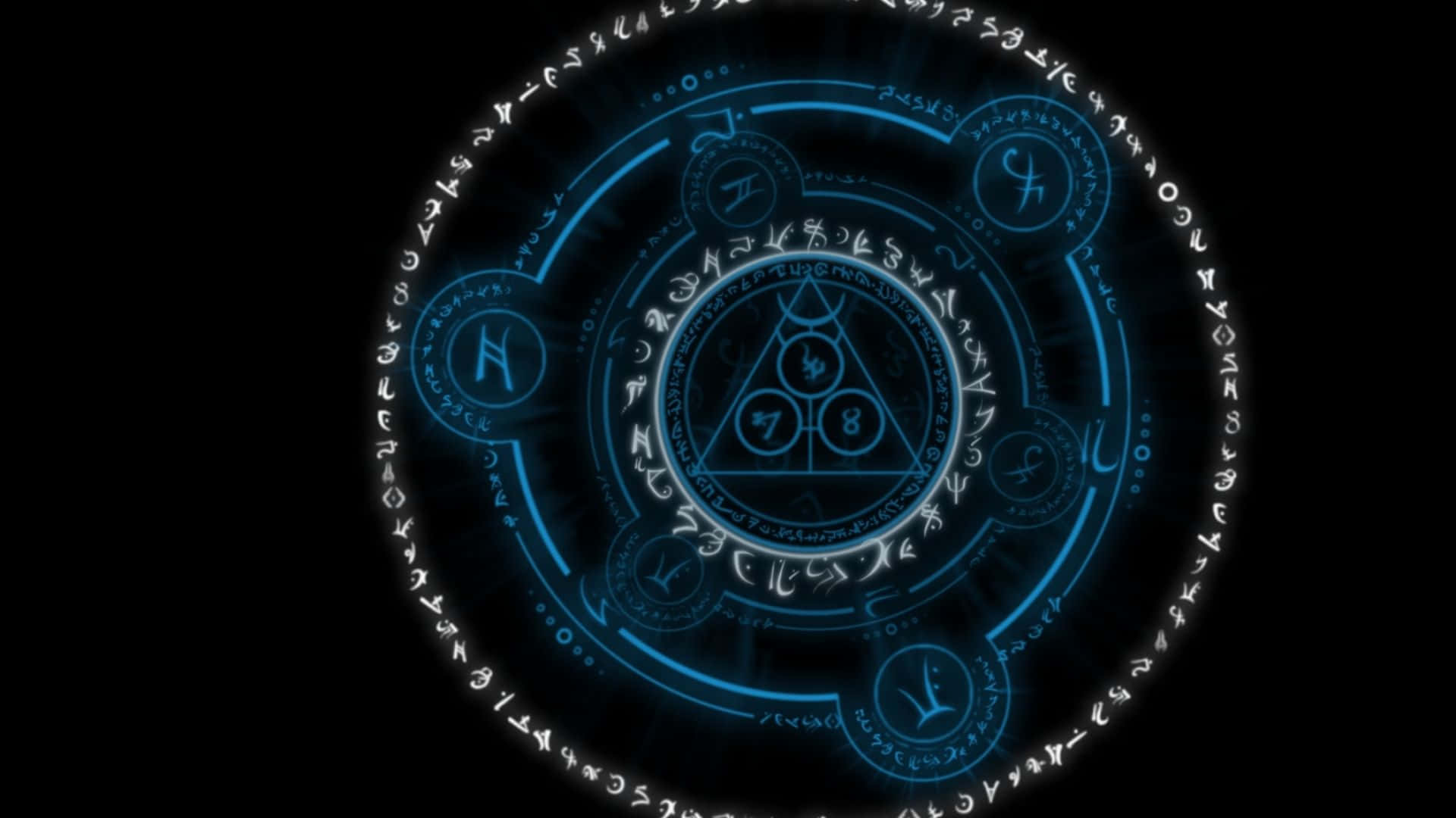 以《Arcane》解鎖宇宙奧秘 壁紙 — 一個發光的藍色神秘圓圈，帶有神秘符號和數字，在黑色背景上散發光芒。