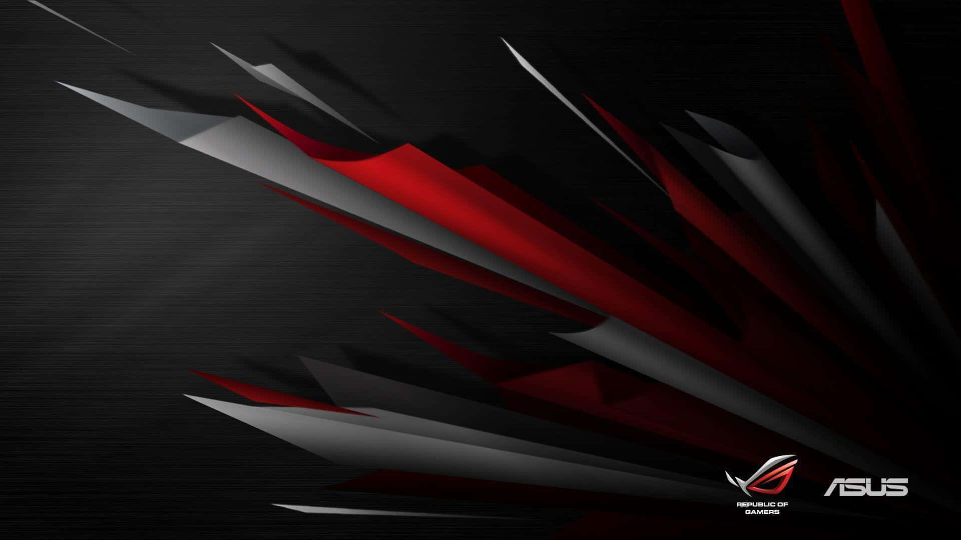 以 ASUS ROG 升級你的遊戲體驗 壁紙 — 動態的紅色和銀色幾何碎片在帶有ASUS ROG標誌的深色紋理背景上對角線爆發。