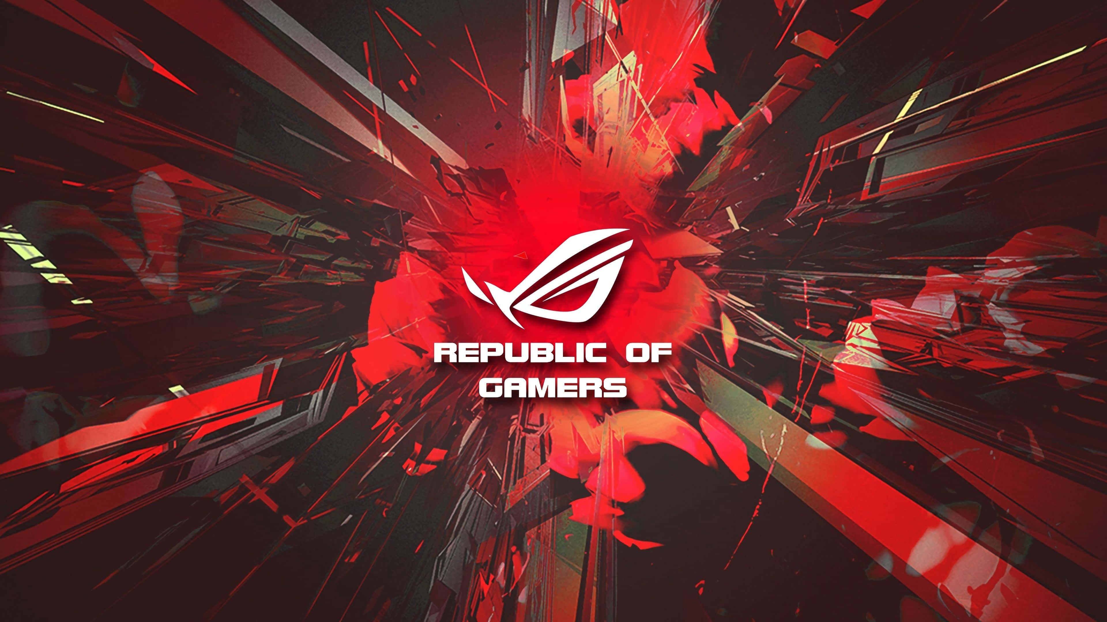 以 ASUS ROG 升級你的遊戲主機 壁紙 — Republic of Gamers 標誌周圍有紅色和黑色碎片向外輻射的動態數位爆炸效果。