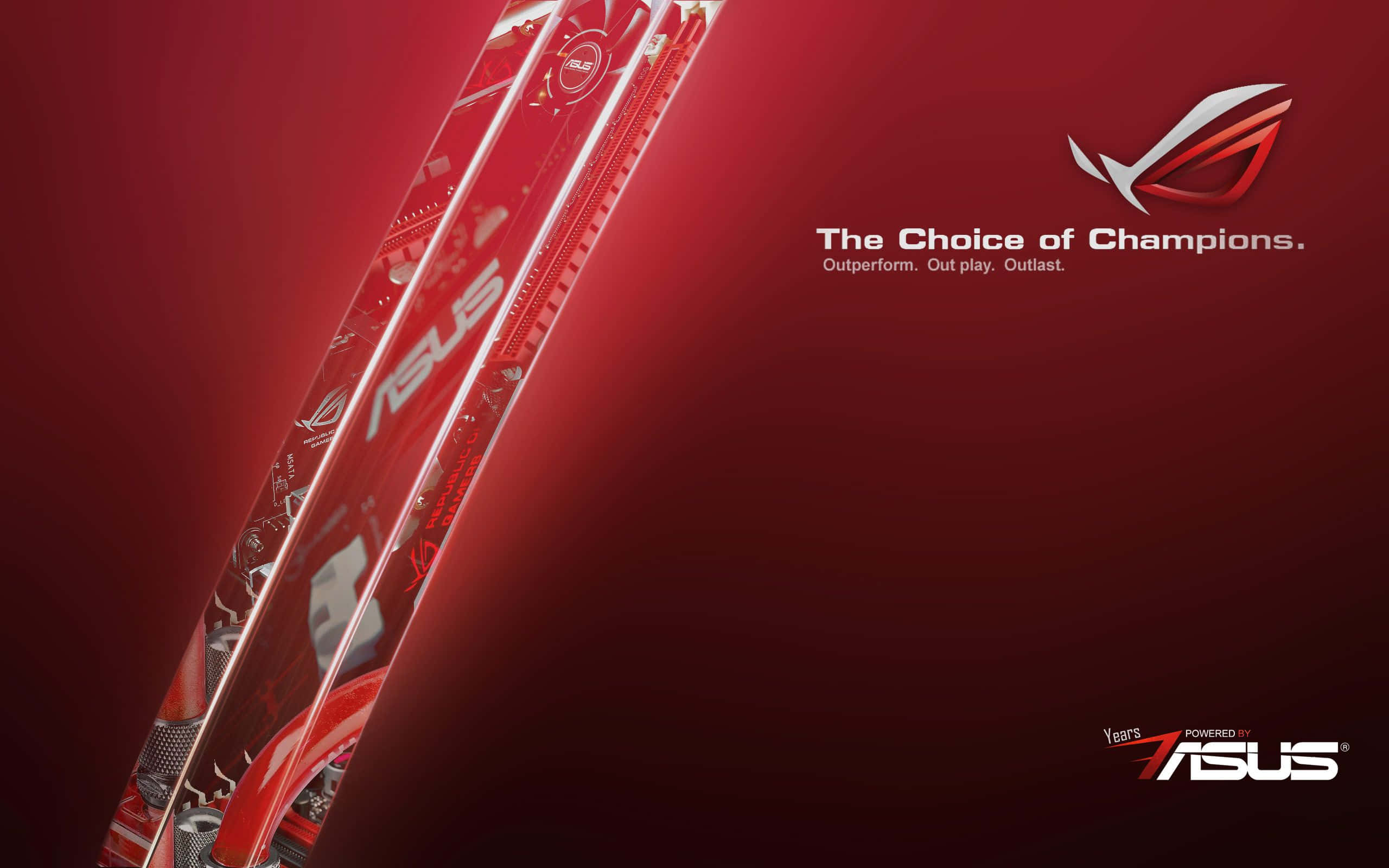以 ASUS ROG 挑戰你的遊戲極限 壁紙 — 對角線紅色ASUS ROG顯示卡，邊緣發光，漸變紅色背景，帶有品牌標語。