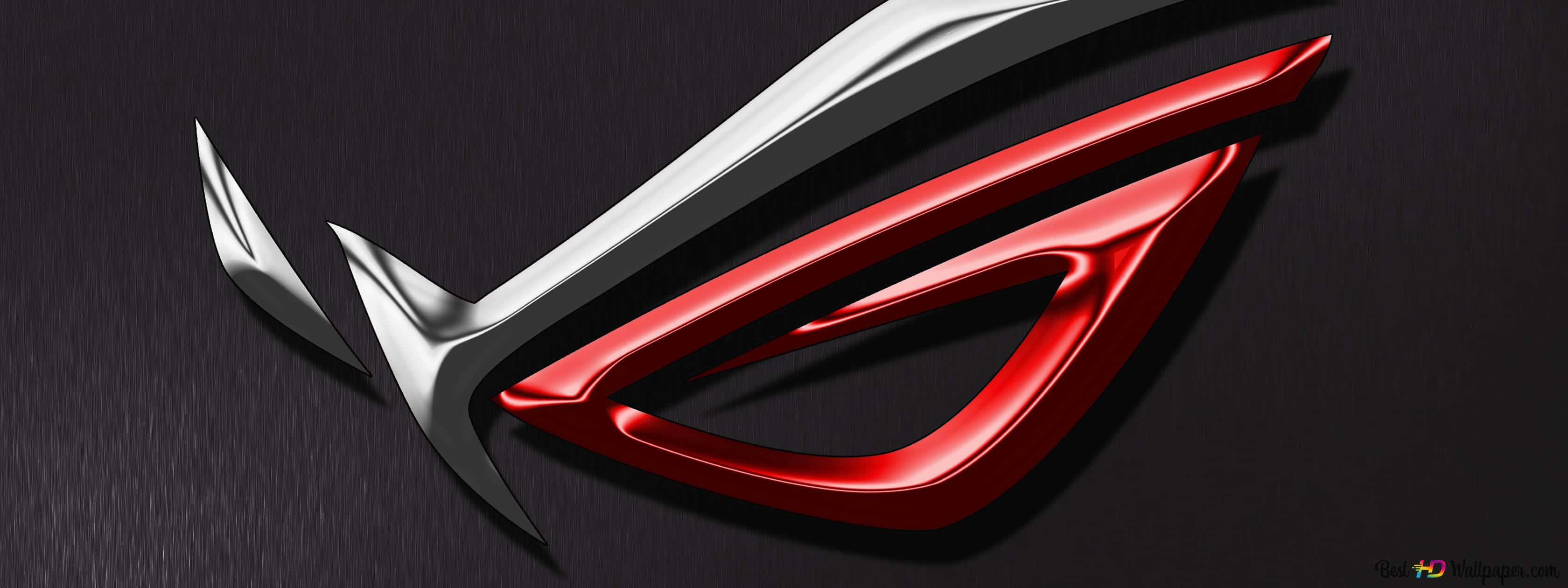 以 ASUS ROG 擴展您的遊戲優勢 壁紙 — 一個時尚的金屬紅銀色 ROG 眼睛標誌在深色紋理背景上閃耀。
