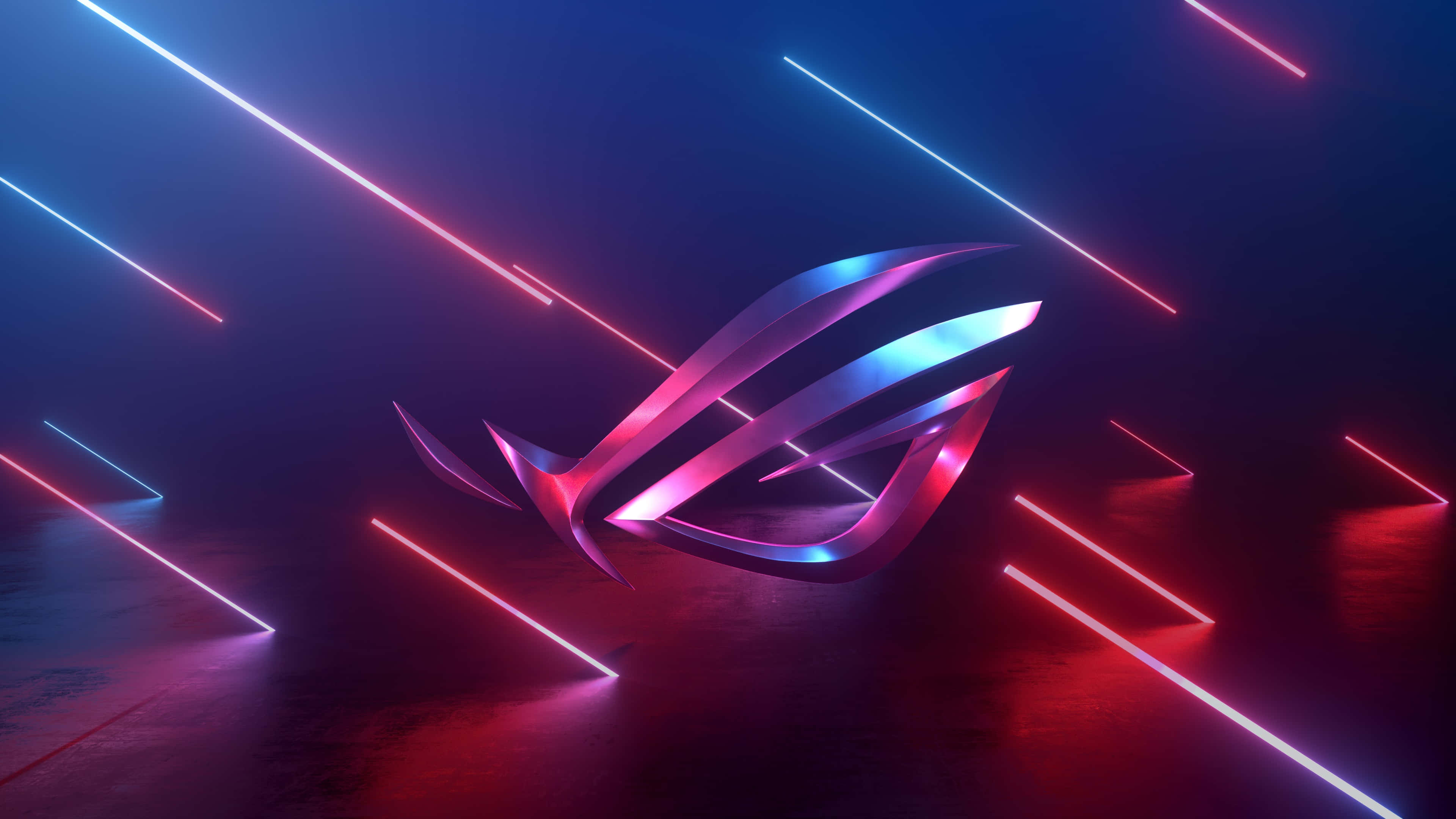以 ASUS ROG 體驗尖端遊戲 壁紙 — 一個發光的ROG標誌漂浮在黑暗的房間中，被鮮豔的紅色和藍色霓虹燈條照亮。