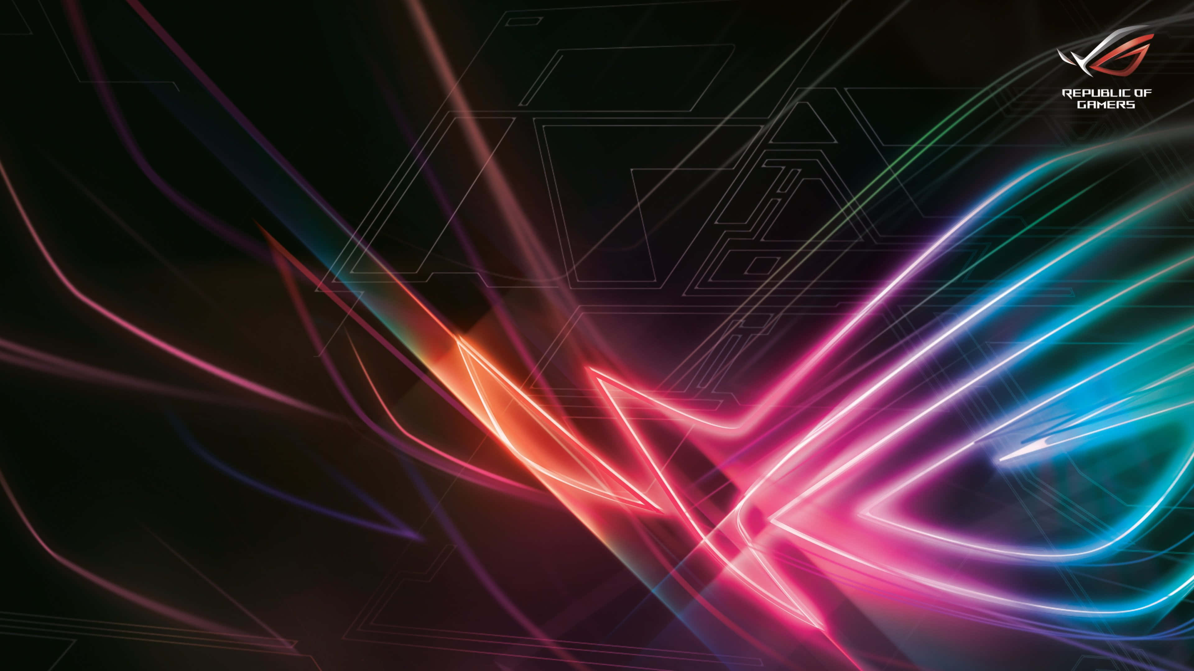 以 ASUS ROG 體驗無與倫比的遊戲效能 壁紙 — 充滿活力的霓虹燈光條紋，以粉紅、藍色和橙色在帶有微弱幾何線條的深色背景上綻放。