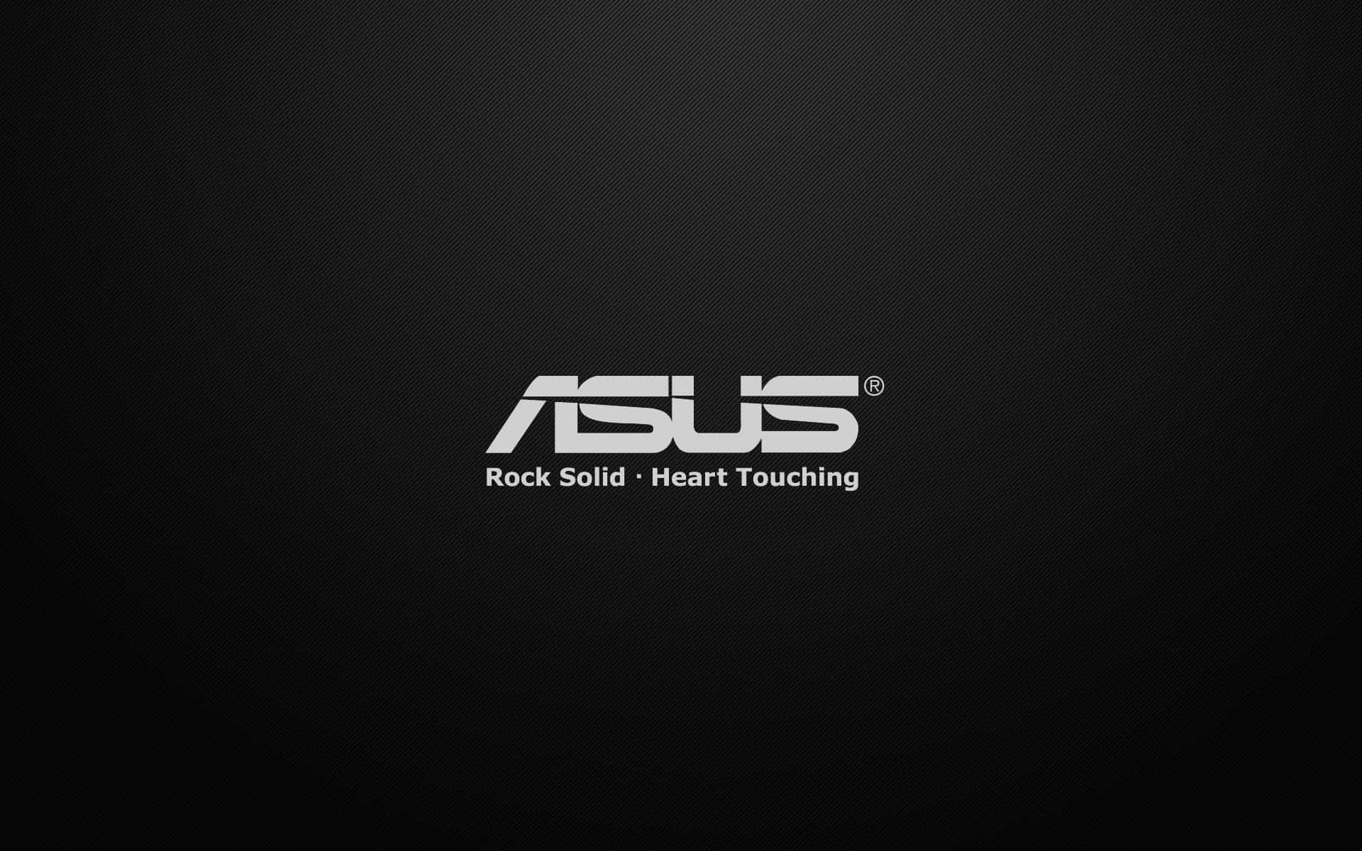 ASUS 品牌標誌，附有標語 Rock Solid Heart Touching，位於深色紋理背景上。