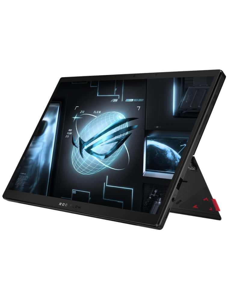 黑色 ROG Zephyrus 電競手提電腦，帶有發光藍色未來螢幕設計。
