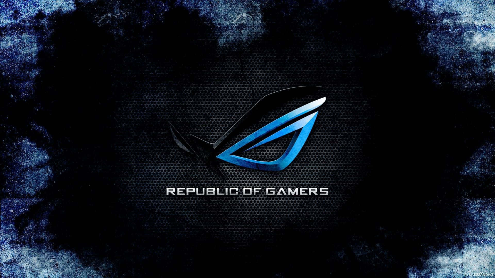 Republic of Gamers標誌在深色紋理背景上發出藍色光芒。