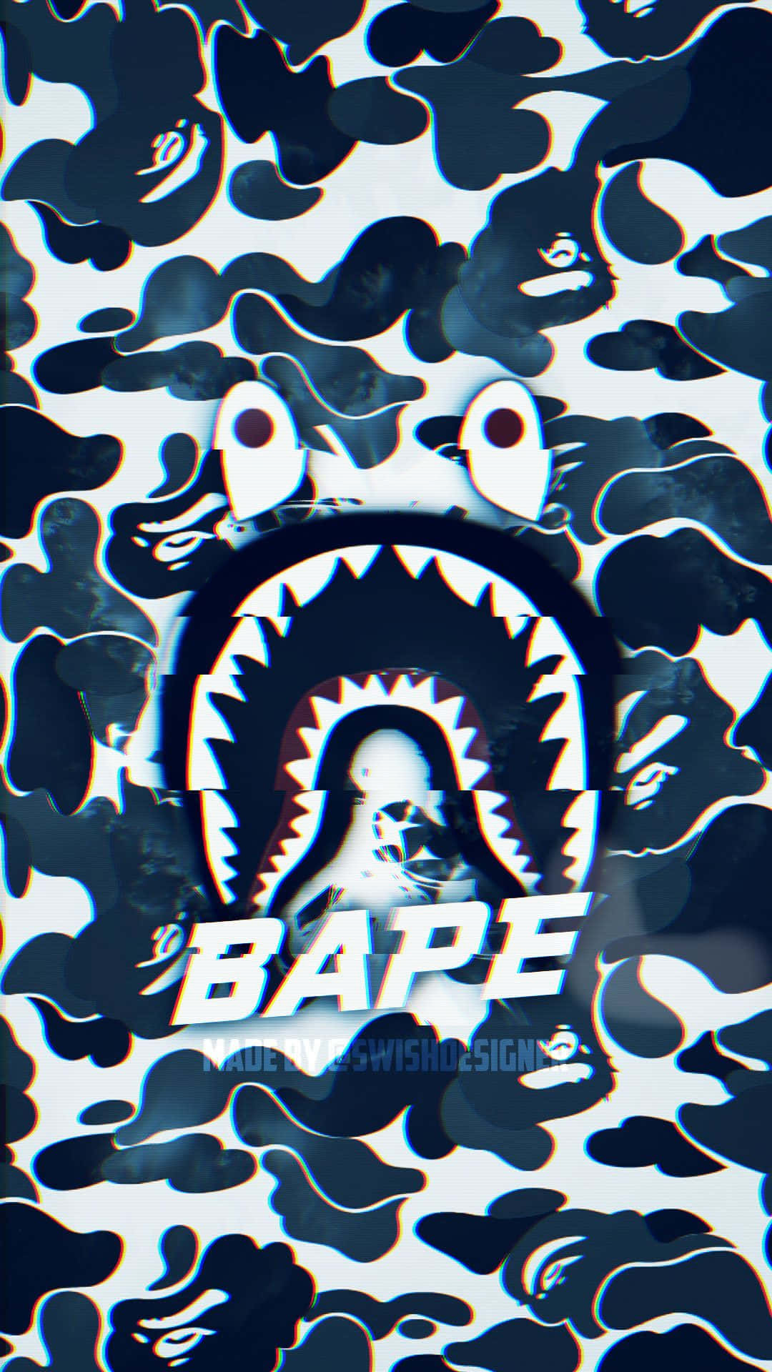 黑白迷彩圖案，帶有鯊魚嘴BAPE標誌和故障效果。