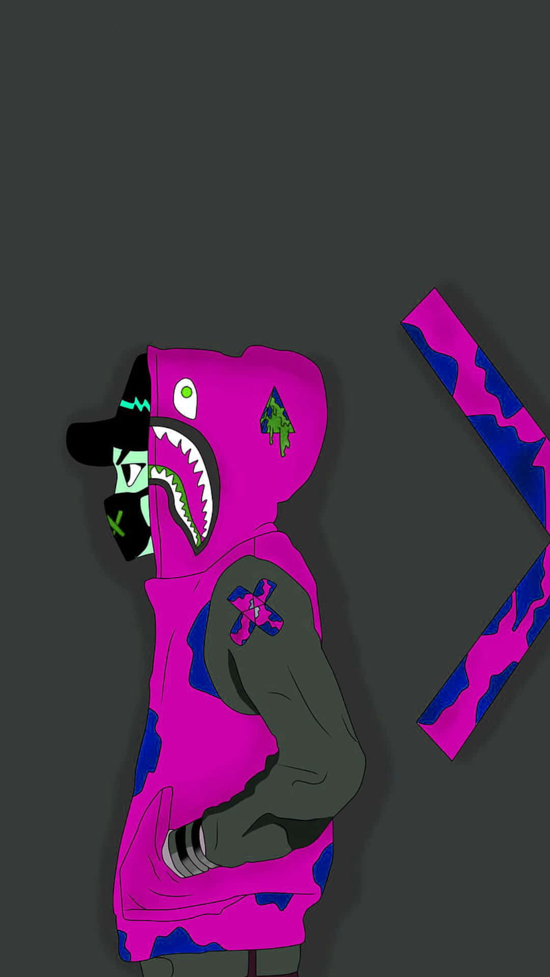 穿著粉紅色鯊魚連帽衫和黑色帽子的人，帶有圖形設計