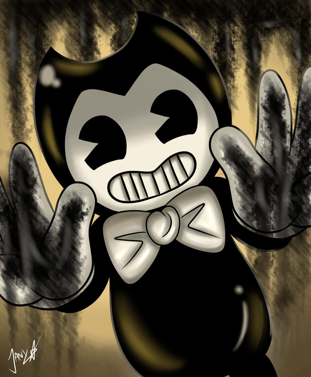 以《Bendy and the Ink Machine》釋放你的創意 壁紙 — 一個卡通風格的黑白角色，戴著蝴蝶結，咧嘴大笑，伸出骯髒的手，背景是帶有紋理的金色。