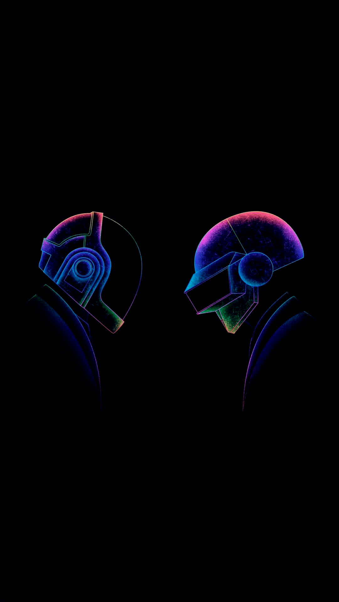 以 Best Amoled 壁紙重塑你的螢幕 壁紙 — 兩個發光的未來主義頭盔在黑色背景上面對面，帶有霓虹藍、紫和粉紅色調。