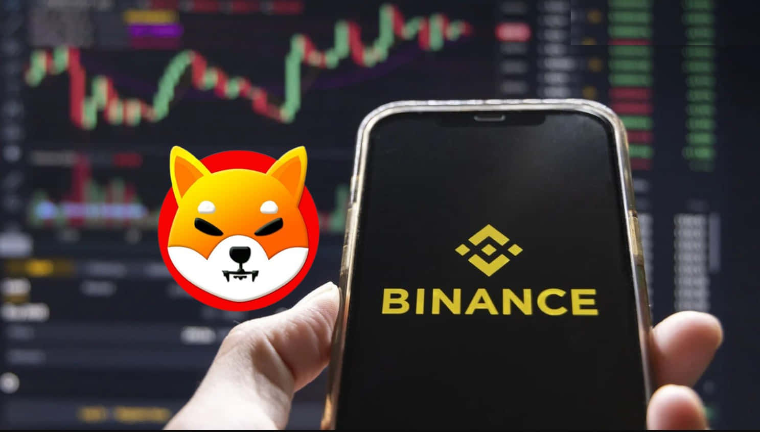 手握住手機，帶有 Binance 標誌和 Shiba Inu 圖標，背景為股票圖表。