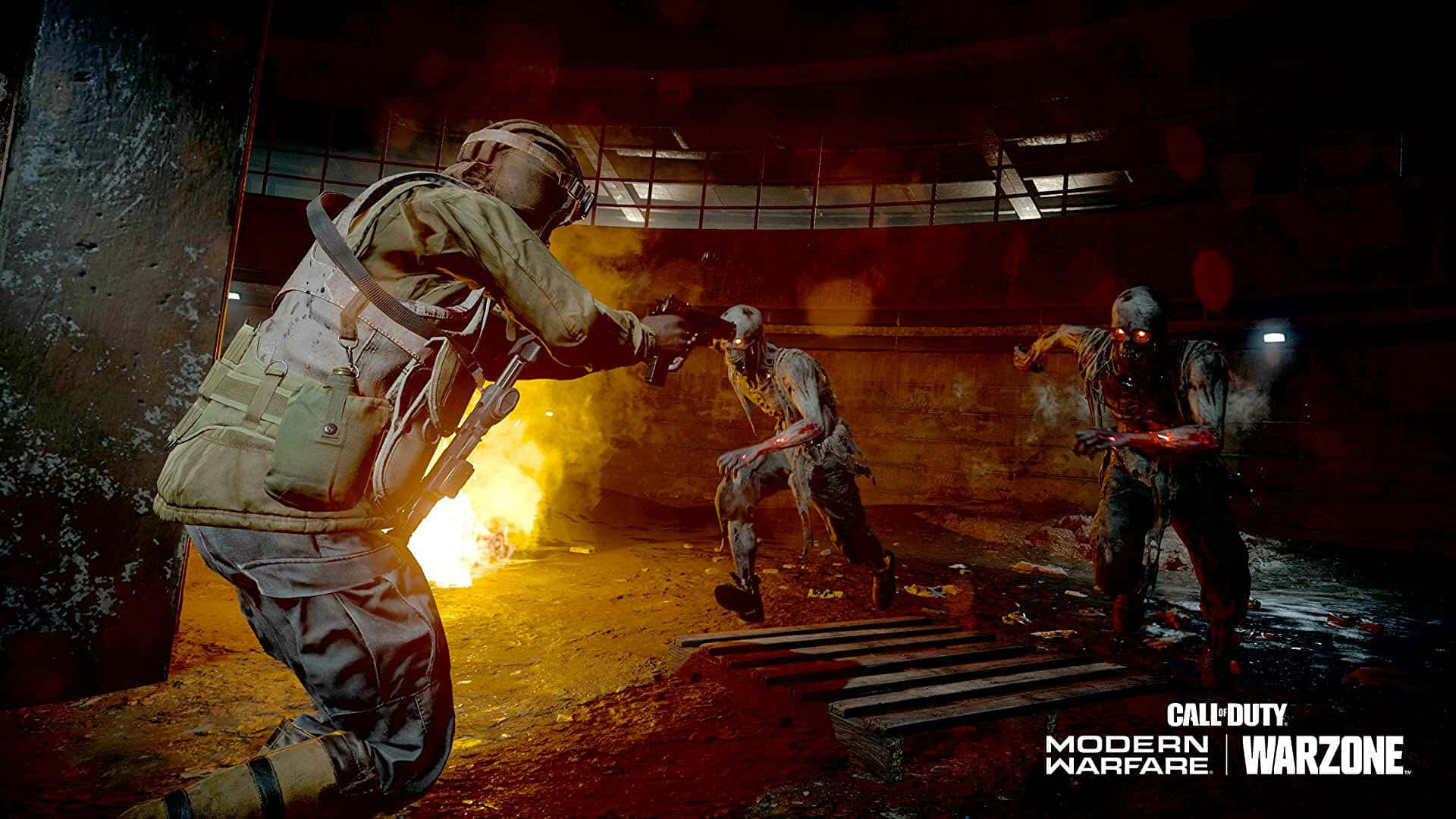 以《Call of Duty: Black Ops 4》征服世界 壁紙 — 一名士兵在燃燒、廢墟的工業內部向兩個怪誕的殭屍開槍。