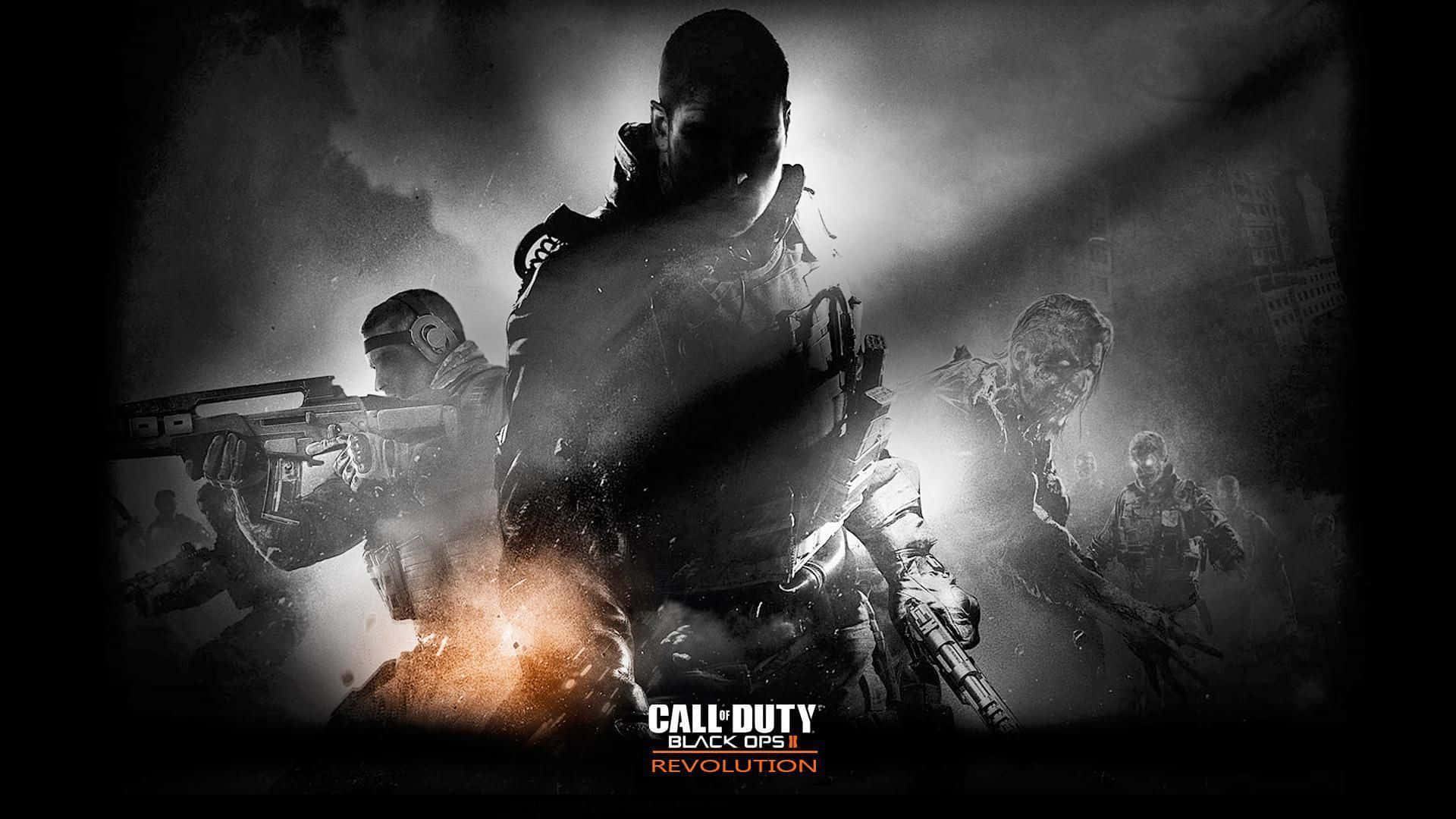 以《Call of Duty: Black Ops 4》體驗最頂級遊戲玩法 壁紙 — 剪影士兵身穿戰術裝備，在煙霧和火焰中前進，呈現 gritty 黑白戰場場景。