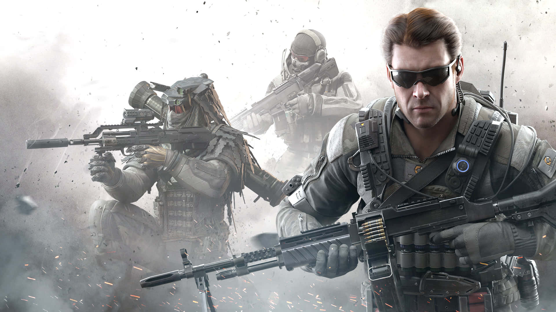 以《Call of Duty》提升遊戲體驗 壁紙 — 一名士兵和一個鐵血戰士在煙霧和火花中手持步槍，準備戰鬥，場景充滿 gritty 風格。