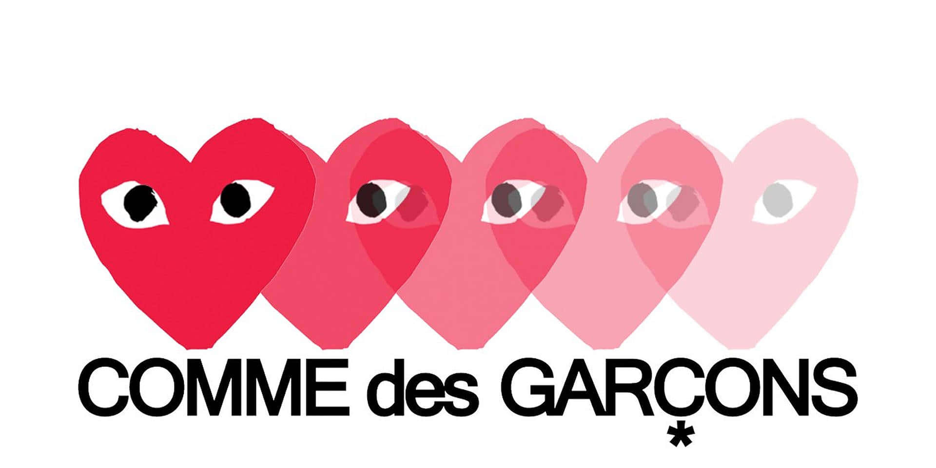 以 CDG 服飾提升你的職場風格 壁紙 — 五個帶有眼睛的漸變心形從紅色漸變到粉紅色，背景為白色，下方有粗體黑色文字。
