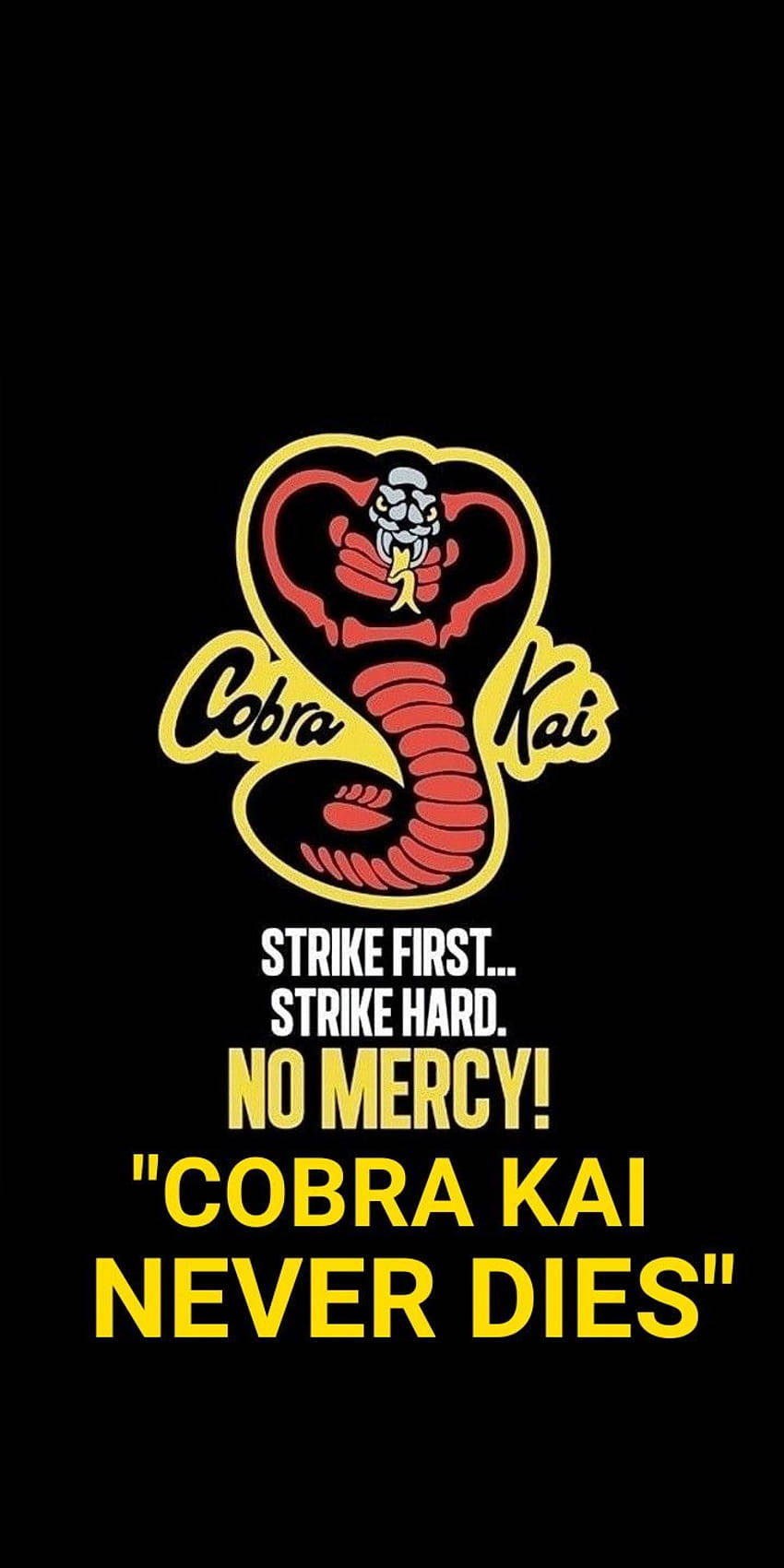 Cobra Kai標誌，帶有蛇和格言，黑色背景。