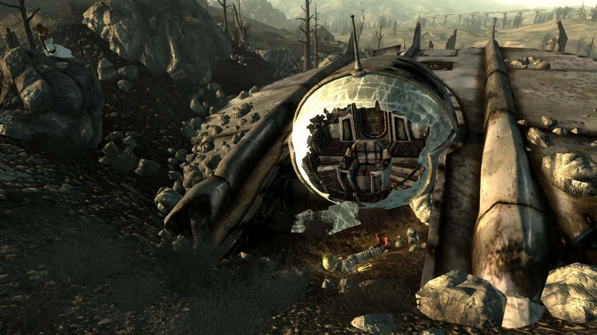 以《Cool Fallout》提升你的冒險等級 壁紙 — 一艘墜毀的太空船破碎地躺在岩石荒地中，發光的圓形觀察窗揭示了駕駛艙內部。
