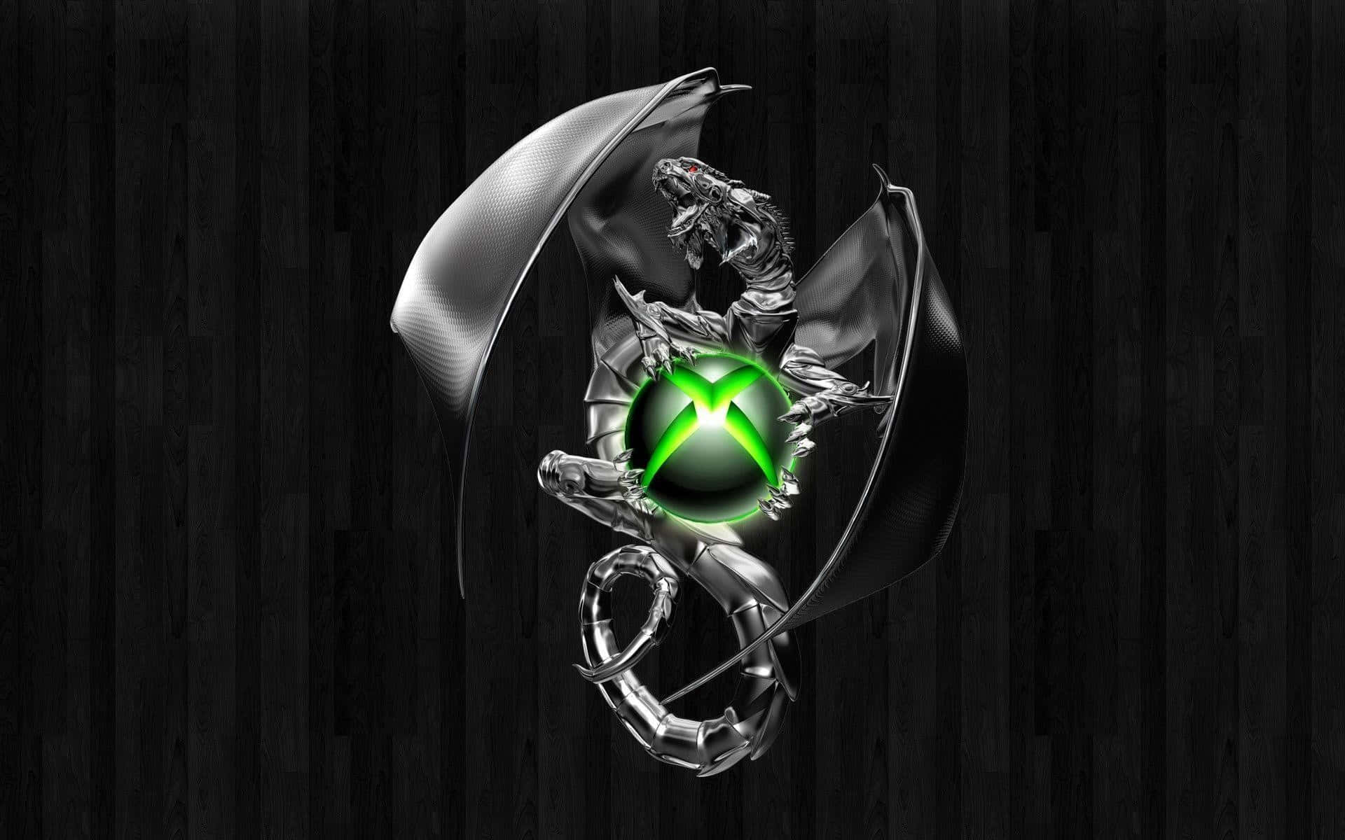 以 Cool Xbox 解鎖遊戲的無限力量 壁紙 — 一隻金屬龍展開翅膀，懷抱著發光的綠色Xbox標誌，背景是深色木材。