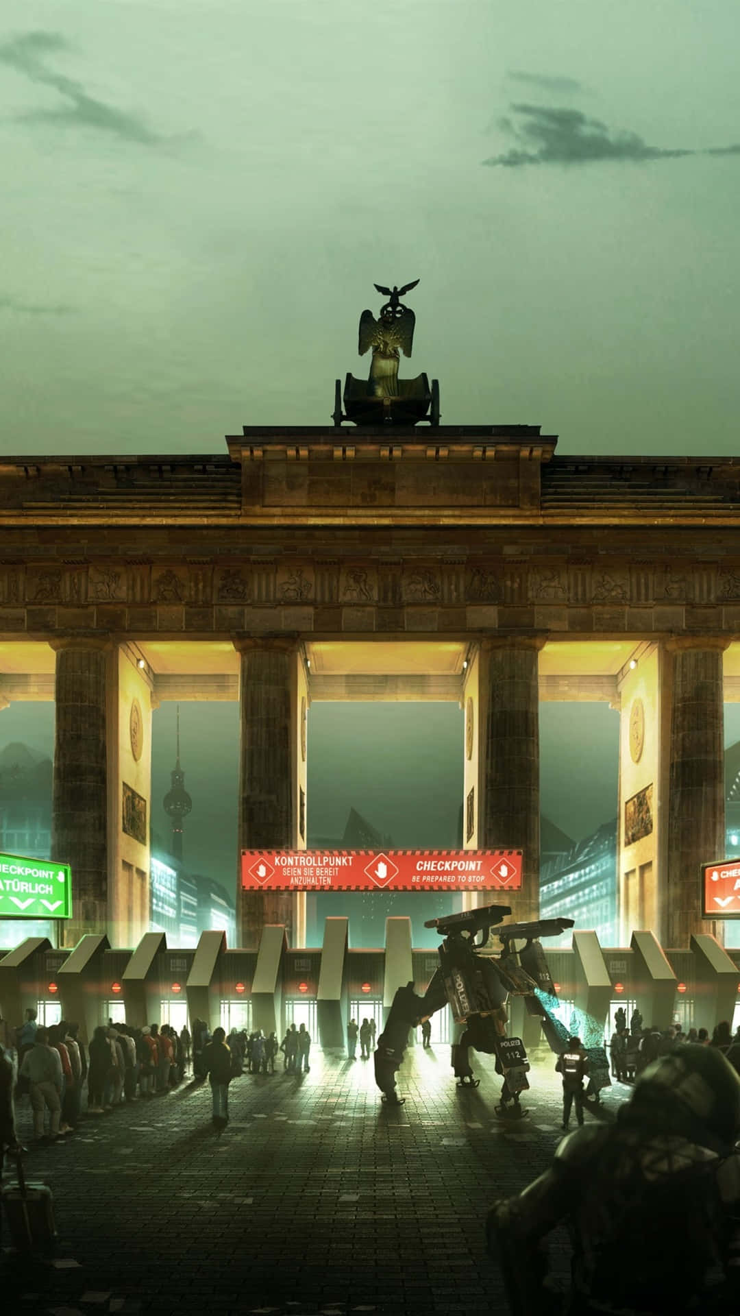 以《Deus Ex: Mankind Divided》強化自我 壁紙 — 黃昏時分的柏林布蘭登堡門，未來風格，巨型機甲與人群在發光的檢查站標誌下。