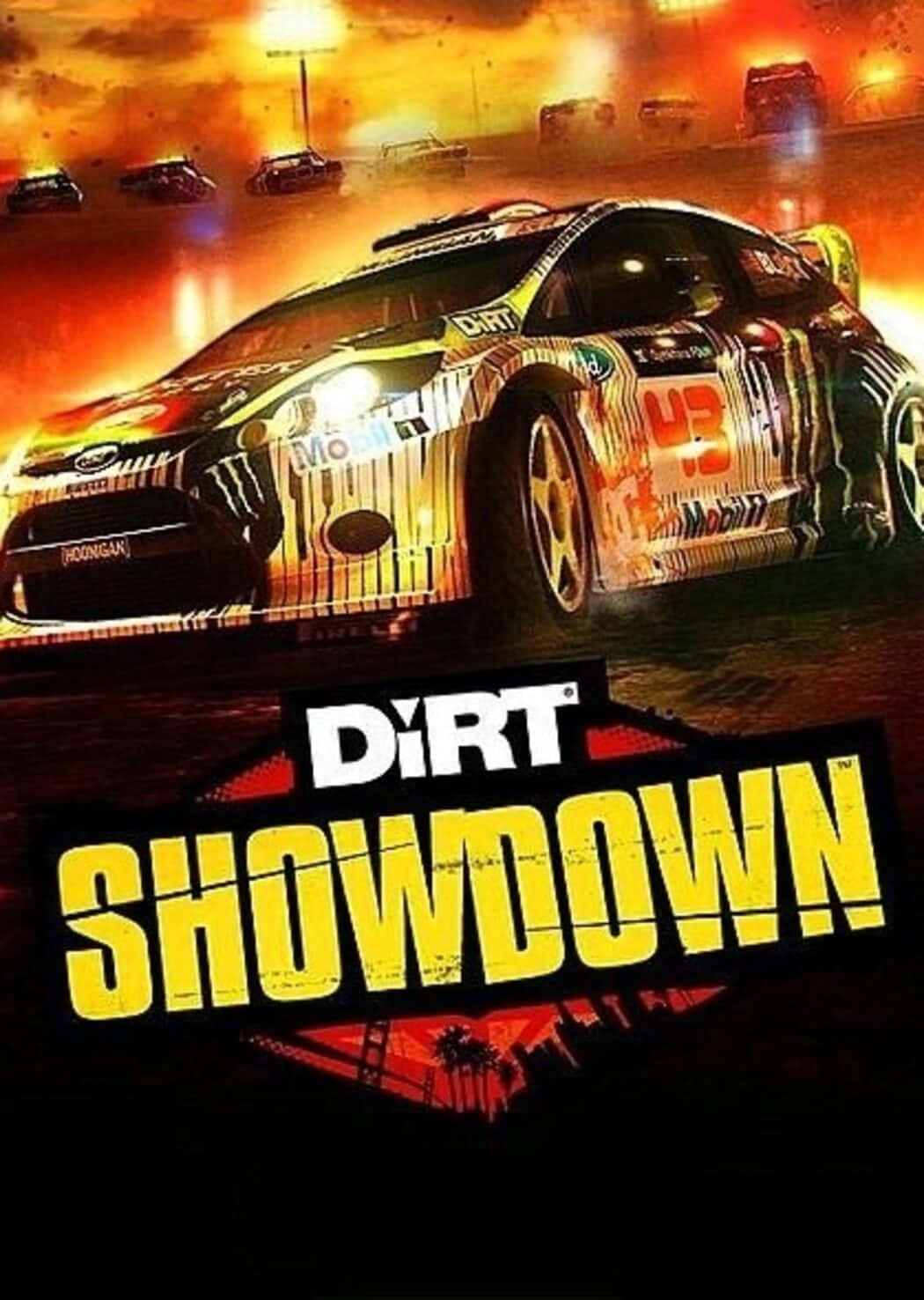 夜間拉力賽車，熾熱橙色天空和遊戲標題Dirt Showdown。