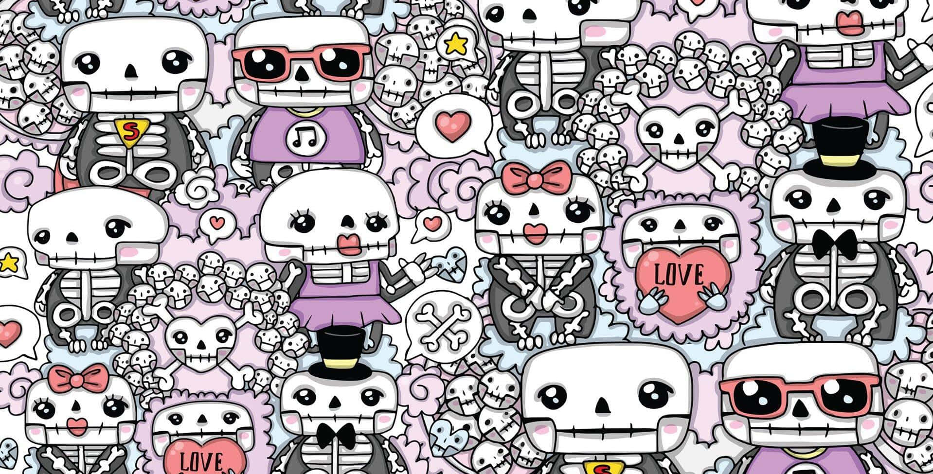 以 Doodle 創造與連結 壁紙 — 可愛的卡通骷髏穿著粉彩服裝和配飾，填滿了一個異想天開、密密麻麻的牆紙場景。