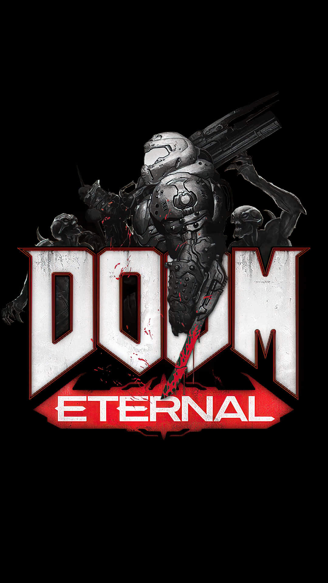 Doom Eternal 遊戲標誌，裝甲惡魔獵人手持霰彈槍。