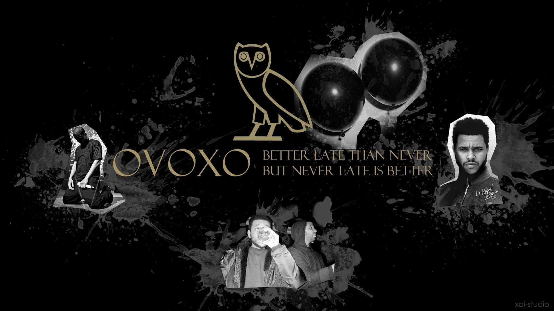 深色飛濺背景上的 OVO 標誌，帶有貓頭鷹和藝術家肖像。