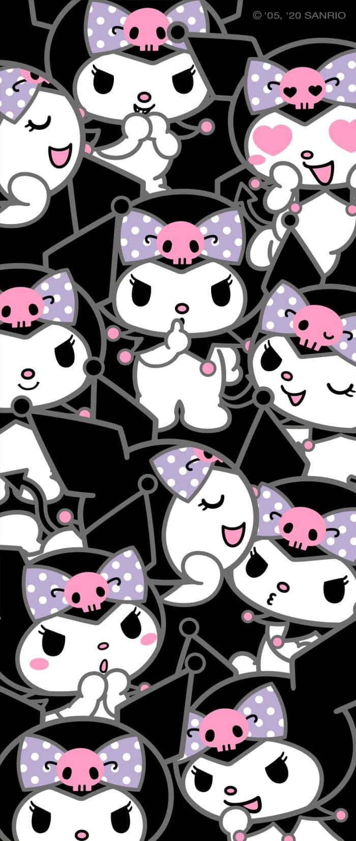 Kuromi卡通角色在黑色背景上以重複圖案呈現骷髏蝴蝶結。