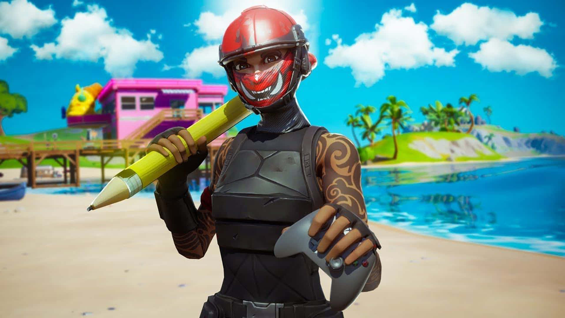 Fortnite角色在熱帶海灘上拿著巨大的鉛筆和控制器