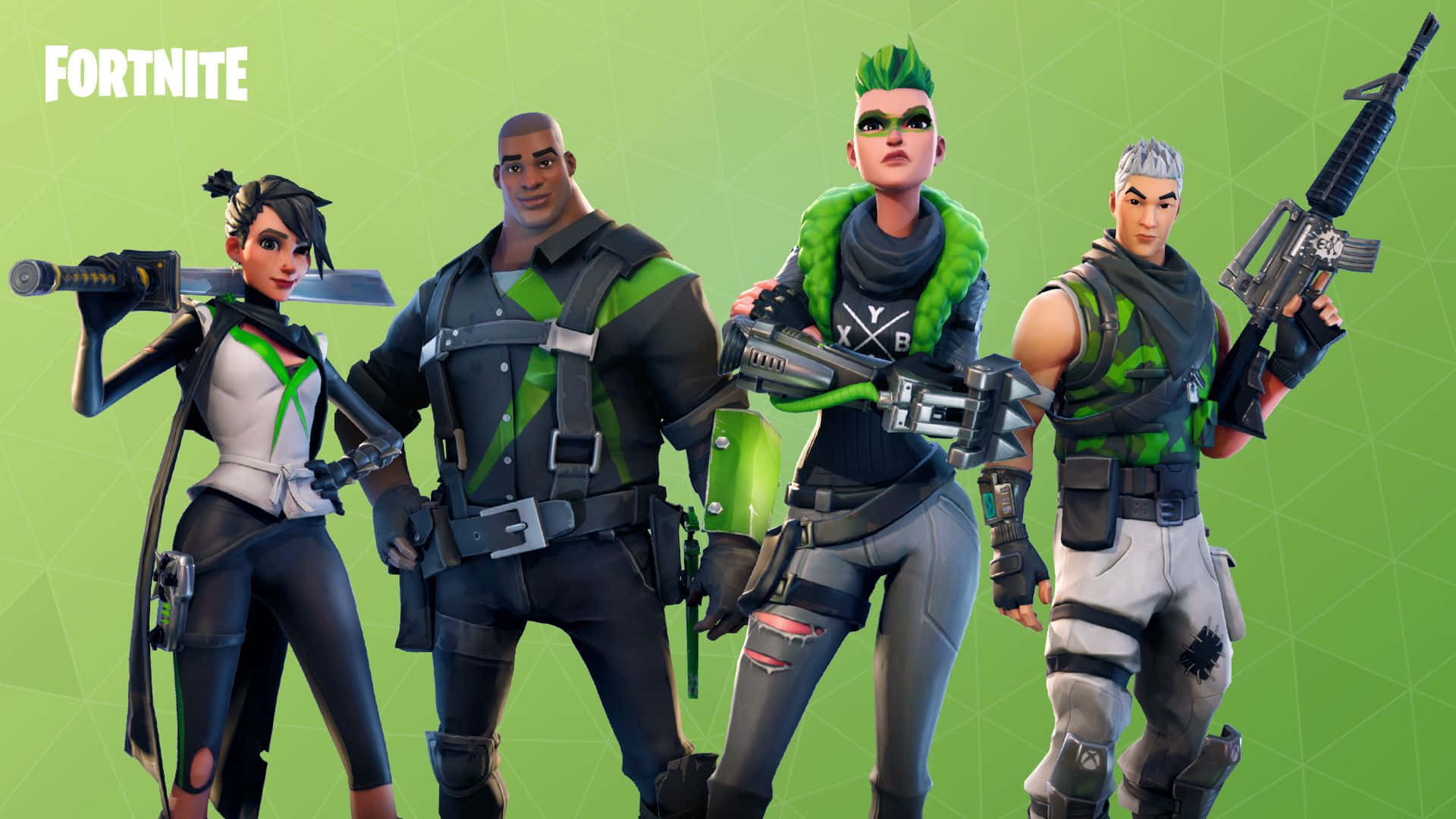 四個身穿戰鬥裝備的Fortnite遊戲角色手持武器擺姿勢。