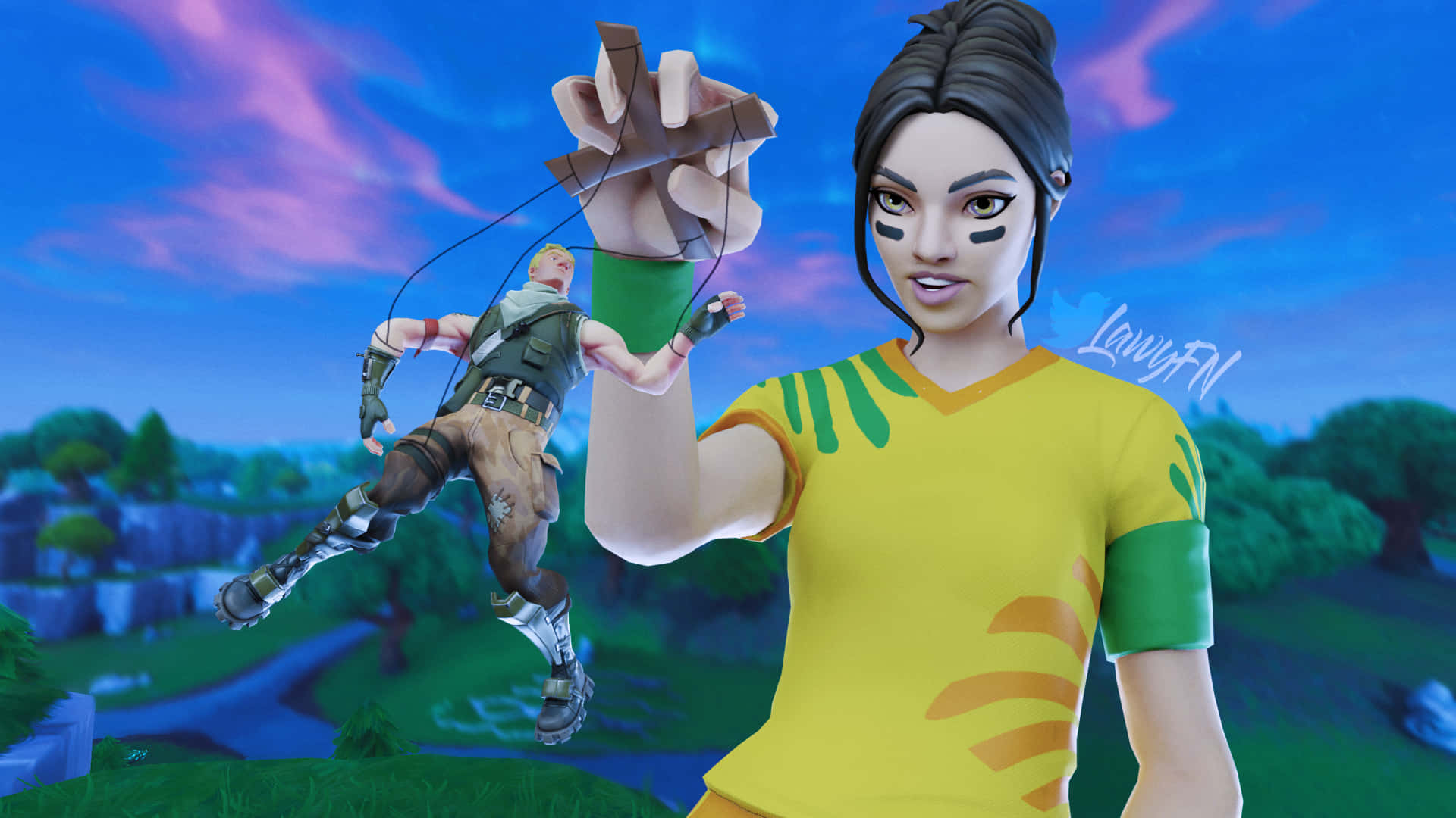 Fortnite角色在黃昏天空背景下用繩子操控人偶。