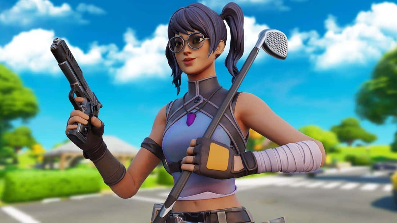Fortnite 角色在藍天下戶外拿著槍和高爾夫球桿