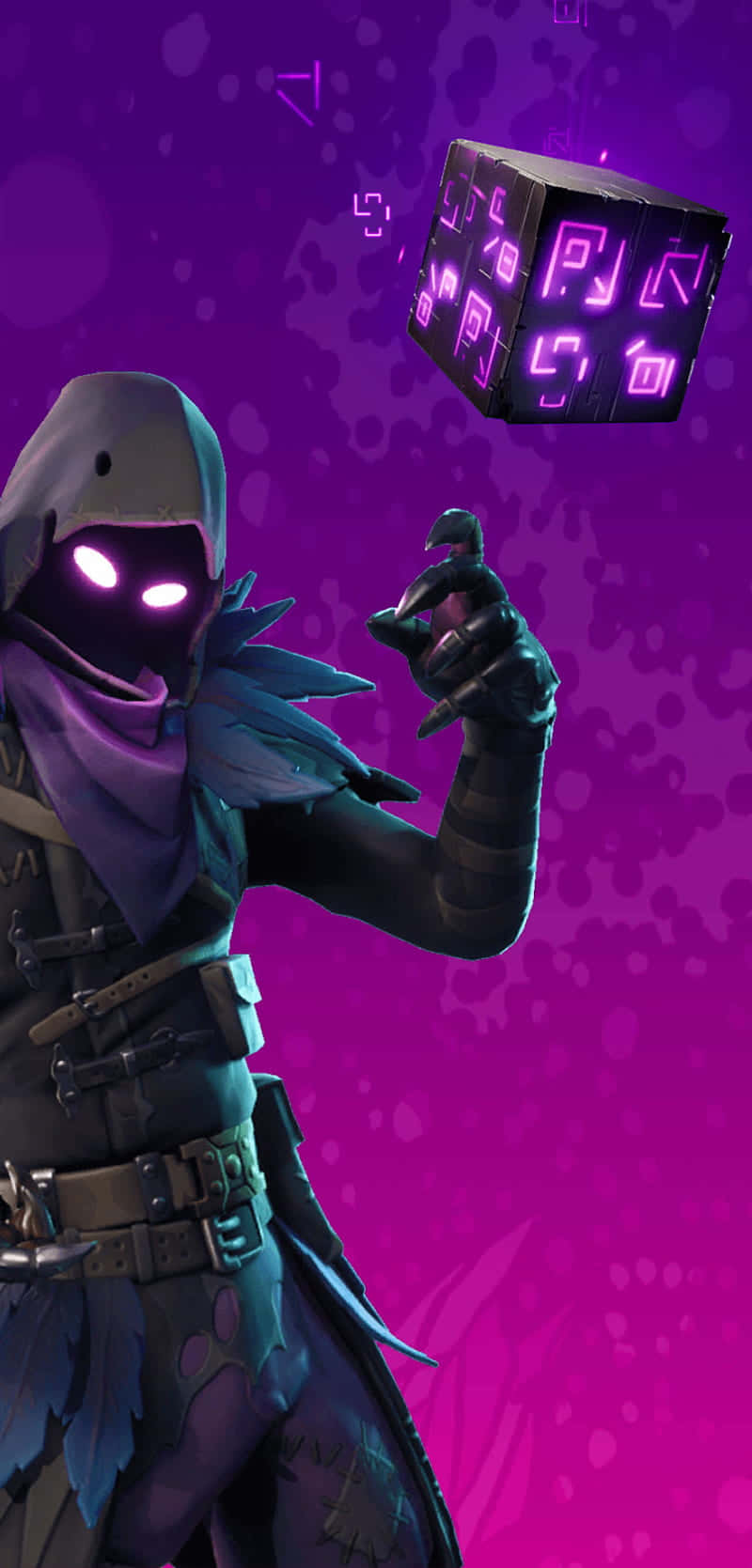 以《Fortnite》烏鴉皮膚展現你的恐懼之姿。 壁紙 — 一個戴著兜帽的Fortnite角色，眼睛發光，手持一個漂浮的發光立方體，背景是鮮豔的紫色。