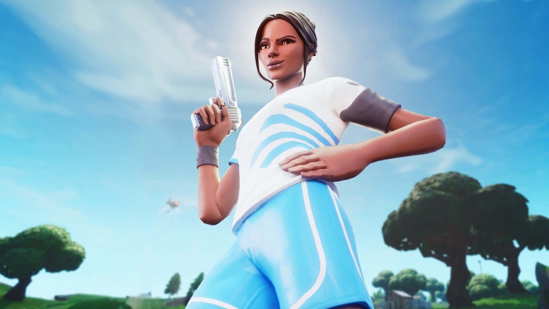 穿著運動服的 Fortnite 角色在藍天下戶外手持手槍。