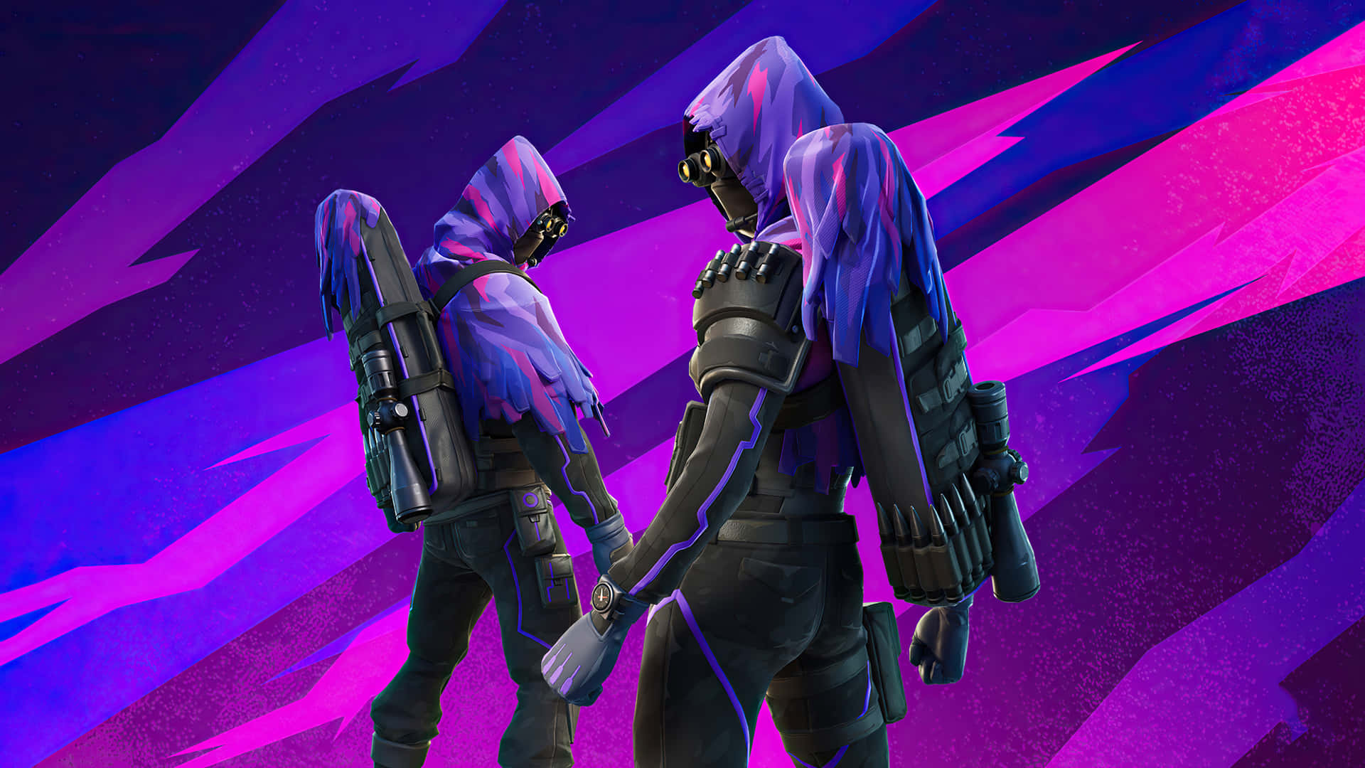 兩個身穿紫色裝備的 Fortnite 角色在充滿活力的抽象場景中背靠背站立。