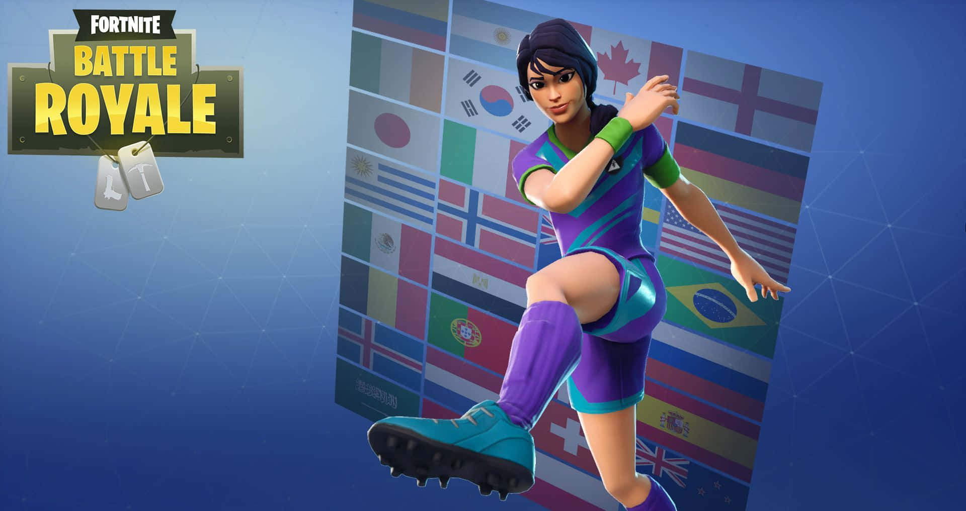穿著紫色裝備的 Fortnite 足球員對著旗幟踢球。