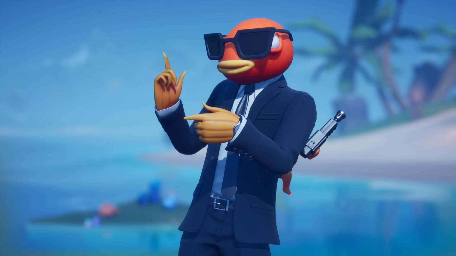 以《Fortnite》魚條皮膚，智取勝利！ 壁紙 — 一隻卡通橙色企鵝穿著筆挺西裝和太陽眼鏡，在熱帶海灘背景下自信地比劃手勢，同時手持手槍。