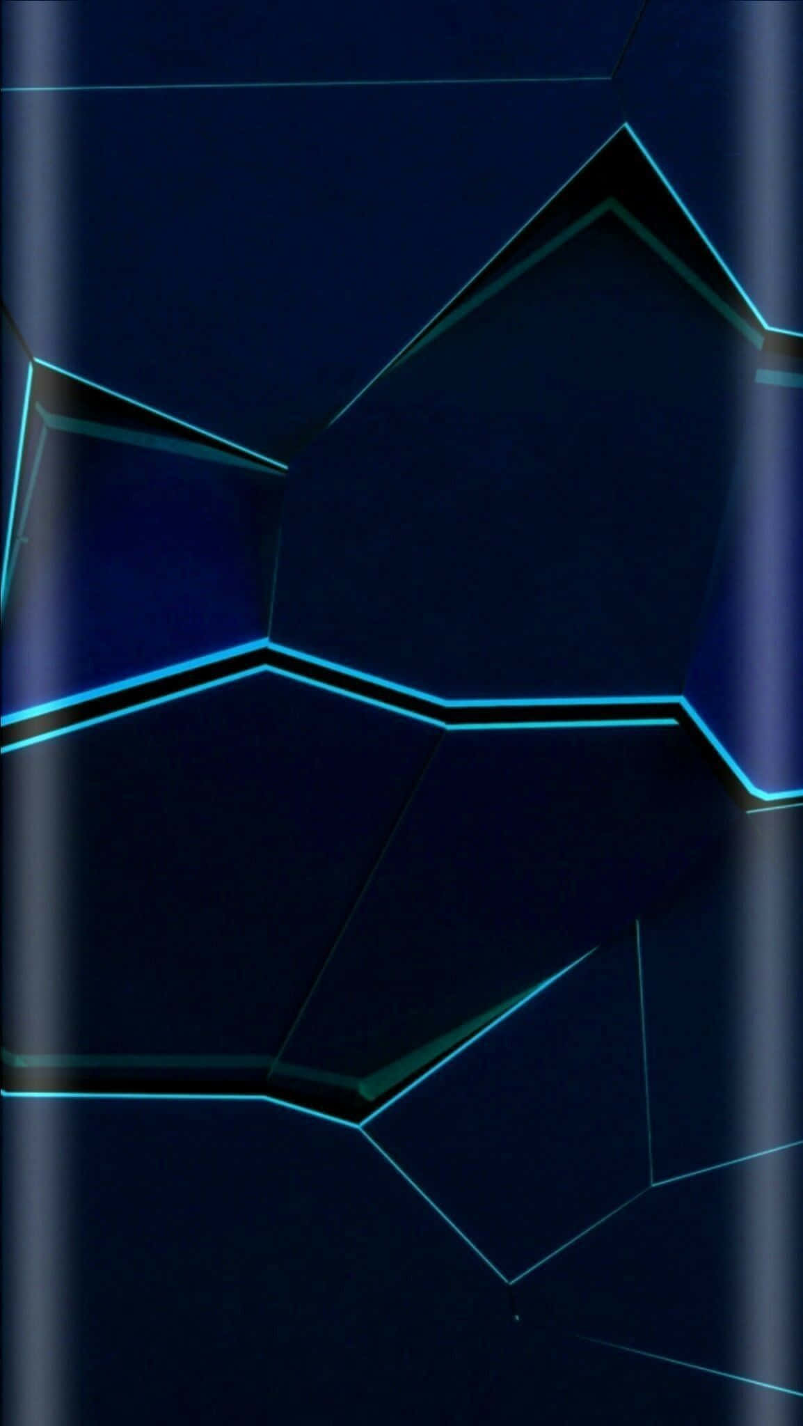以 Geometric iPhone 開啟您的潛能 壁紙 — 抽象深藍色幾何圖案，帶有發光的青色霓虹線條形成棱角面。