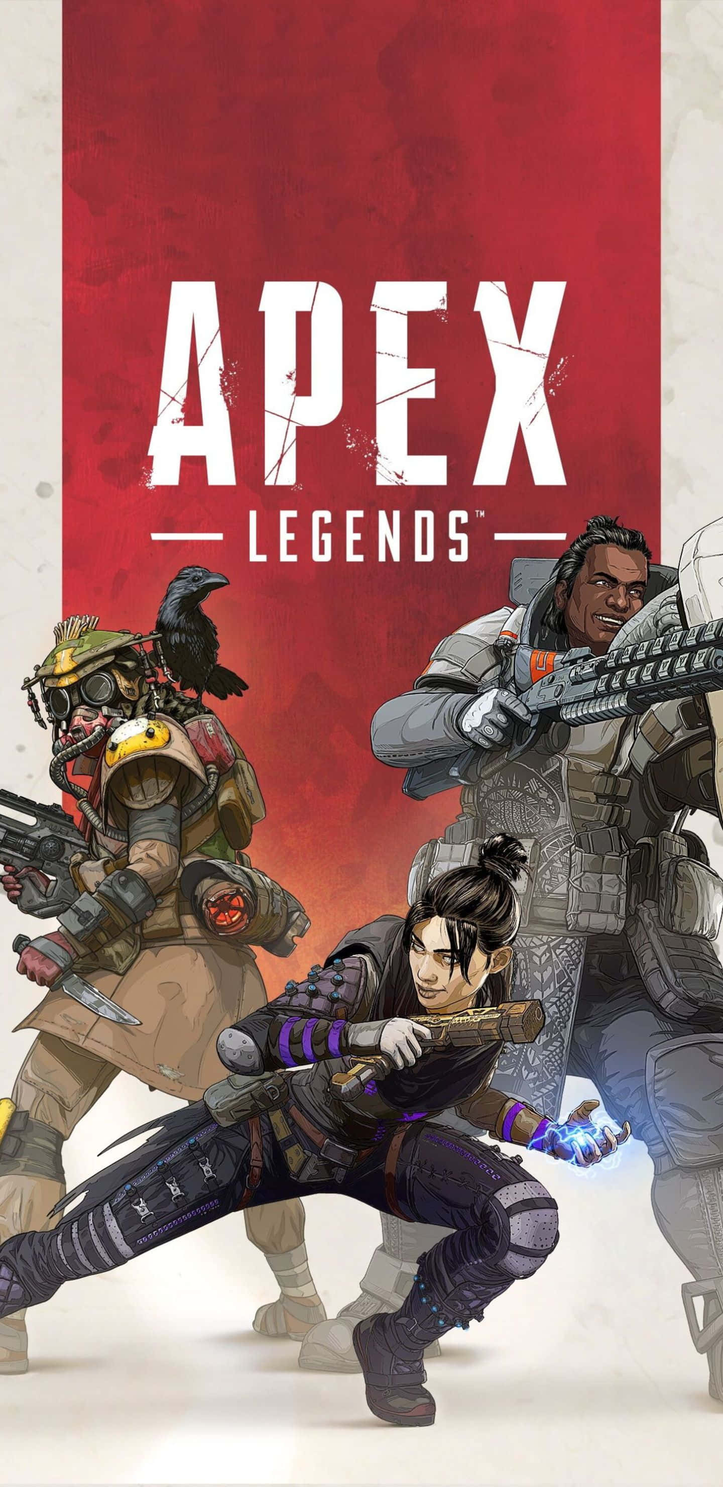 以 Google Pixel 3XL 體驗 Apex Legends 的極致遊戲樂趣 壁紙 — 三名《Apex Legends》角色身穿戰鬥裝備，在帶有紋理的紅色背景上動態擺姿勢，並配有粗體白色標題文字。
