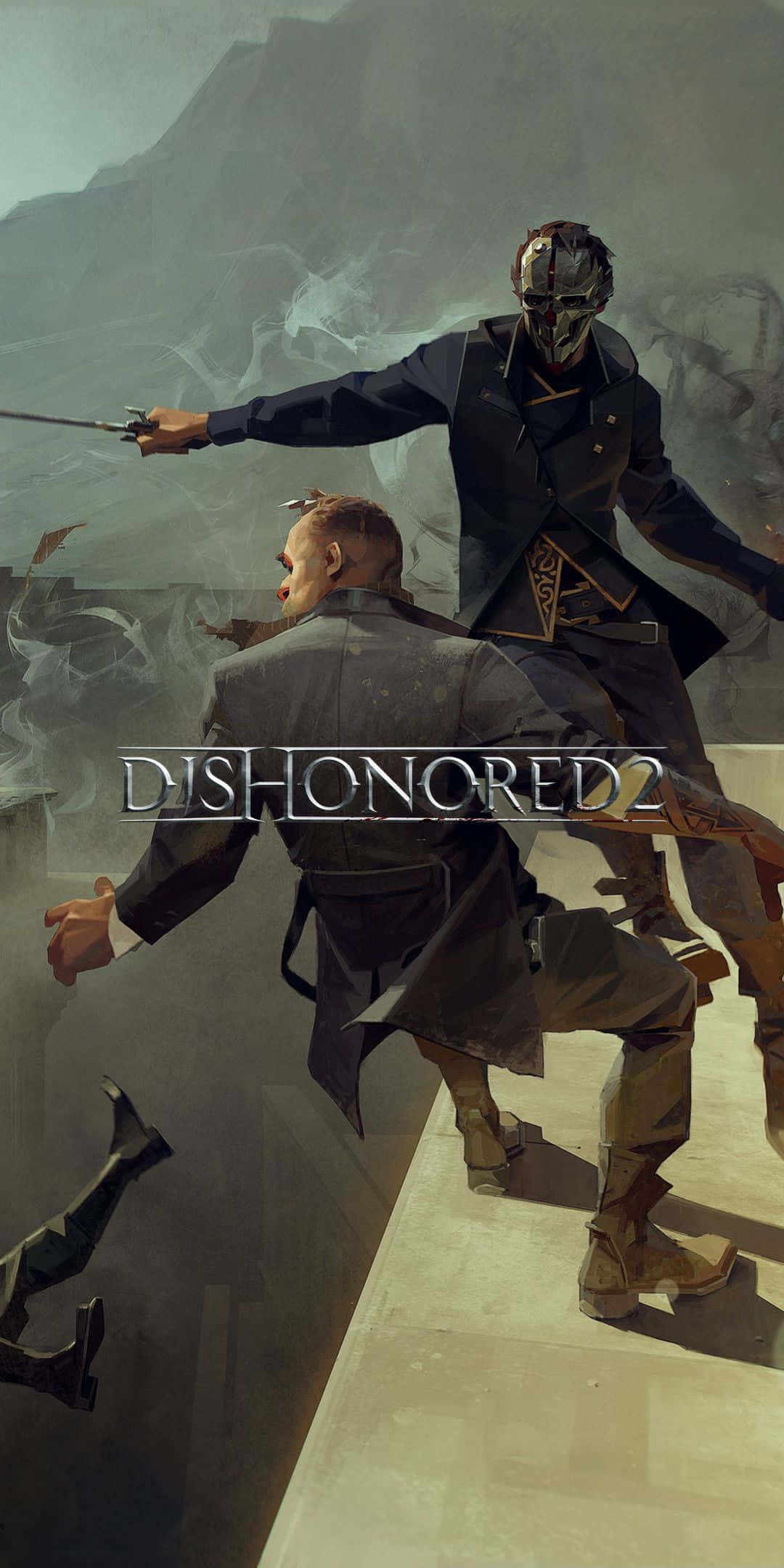 以 Google Pixel 3 帶動《Dishonored 2》的生動世界 壁紙 — 一名身穿深色外套的蒙面刺客，在霧氣瀰漫的屋頂上，向一名穿著風衣的男子揮刀猛撲，俯瞰著 crumbling 的城市景觀。